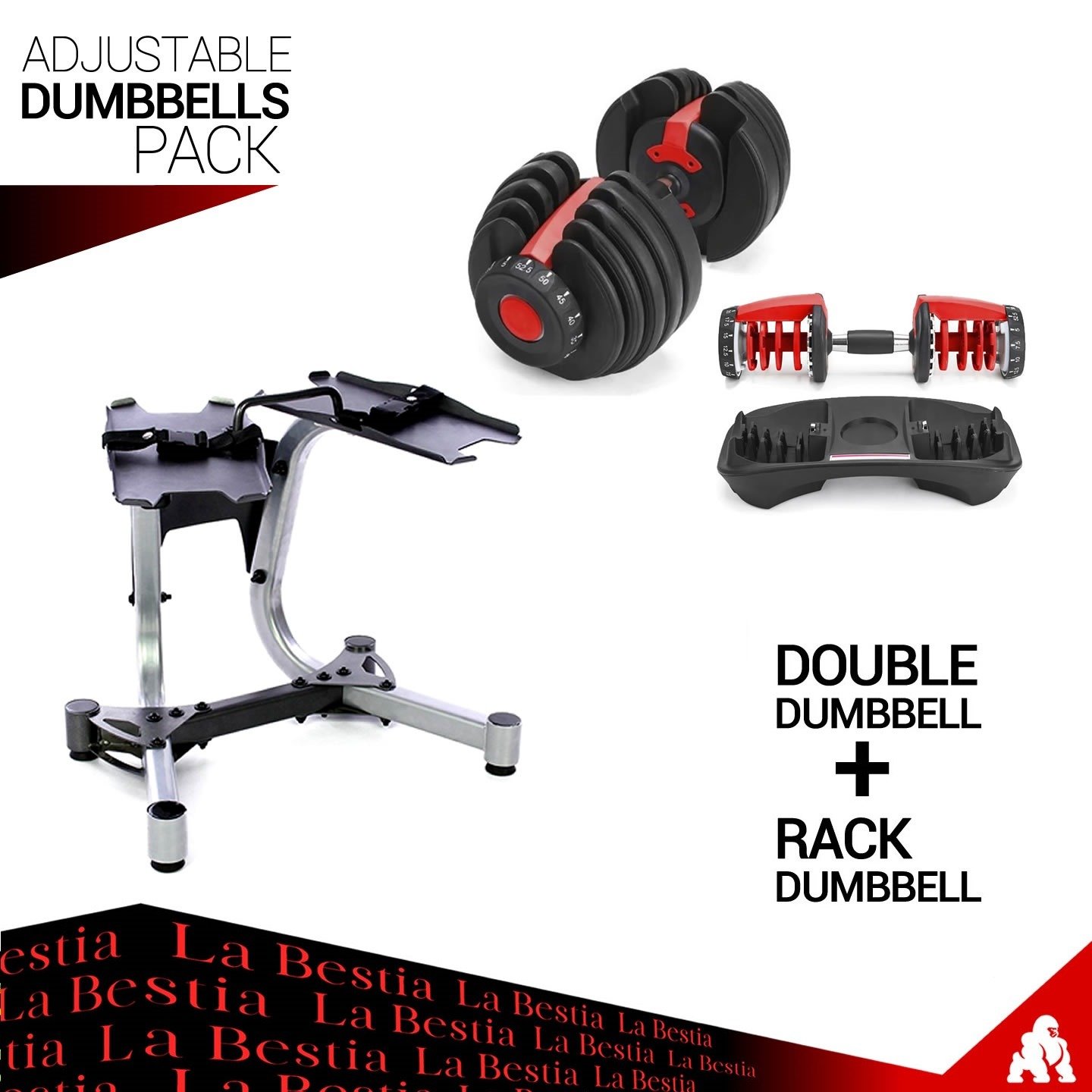 Adjustable Dumbbells Pack (Par de Mancuernas Regulables + Rack Mancuernas  Regulables) - La Bestia