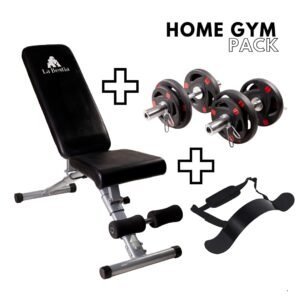 Home Gym Pack (Par de Mancuernas Olímpicas + Banco Ajustable + 30kg discos + Arm Blaster)