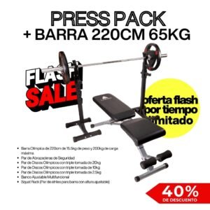 Press Pack  (Squat Rack + Banco Ajustable + Barra Olímpica 220cm +65kg Discos Olímpicos)