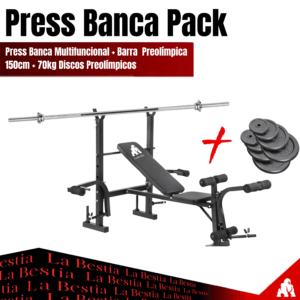 Press Banca Pack (Press Banca Multifuncional + Barra  Preolímpica 150cm + 70kg Discos Preolímpicos)