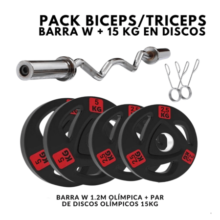 Pack Bíceps/ Tríceps (Barra W 1.2M Olímpica + 15kg en Discos Olímpicos)