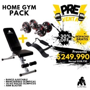 Home Gym Pack (Par de Mancuernas Olímpicas + Banco Ajustable + 30kg discos + Arm Blaster) / PREVENTA