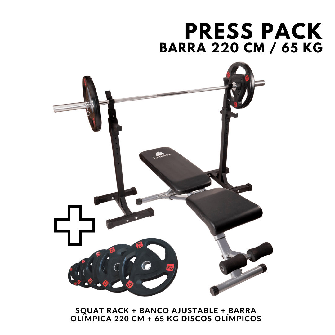 Press Pack Rack Banco Ajustable + Barra Olímpica 220cm +65kg Olímpicos) - La