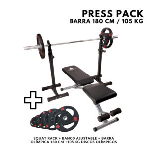 Press Pack (Squat Rack + Banco Ajustable + Barra Olímpica 180cm +105kg Discos Olímpicos)