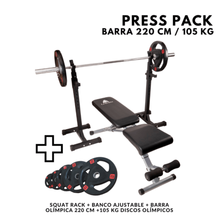 Press Pack (Squat Rack + Banco Ajustable + Barra Olímpica 220cm +105kg Discos Olímpicos)