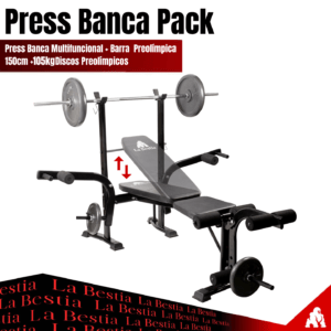 Press Banca Pack (Press Banca Multifuncional + Barra  Preolímpica 150cm + 100kg Discos Preolímpicos)