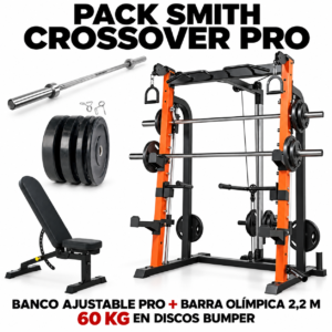 Pack Smith Crossover Pro con banco ajustable Pro, barra olímpica de 2,2 m y 60 kg en discos bumper