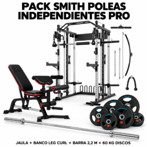 Pack Jaula Smith Poleas Independientes Pro con banco Leg Curl, barra olímpica de 2,2 m y 60 kg en discos