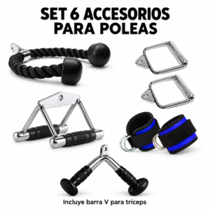 Set de accesorios para poleas con barra V para tríceps, cuerda, dos agarres sencillos, agarre remo corto y par de tobilleras